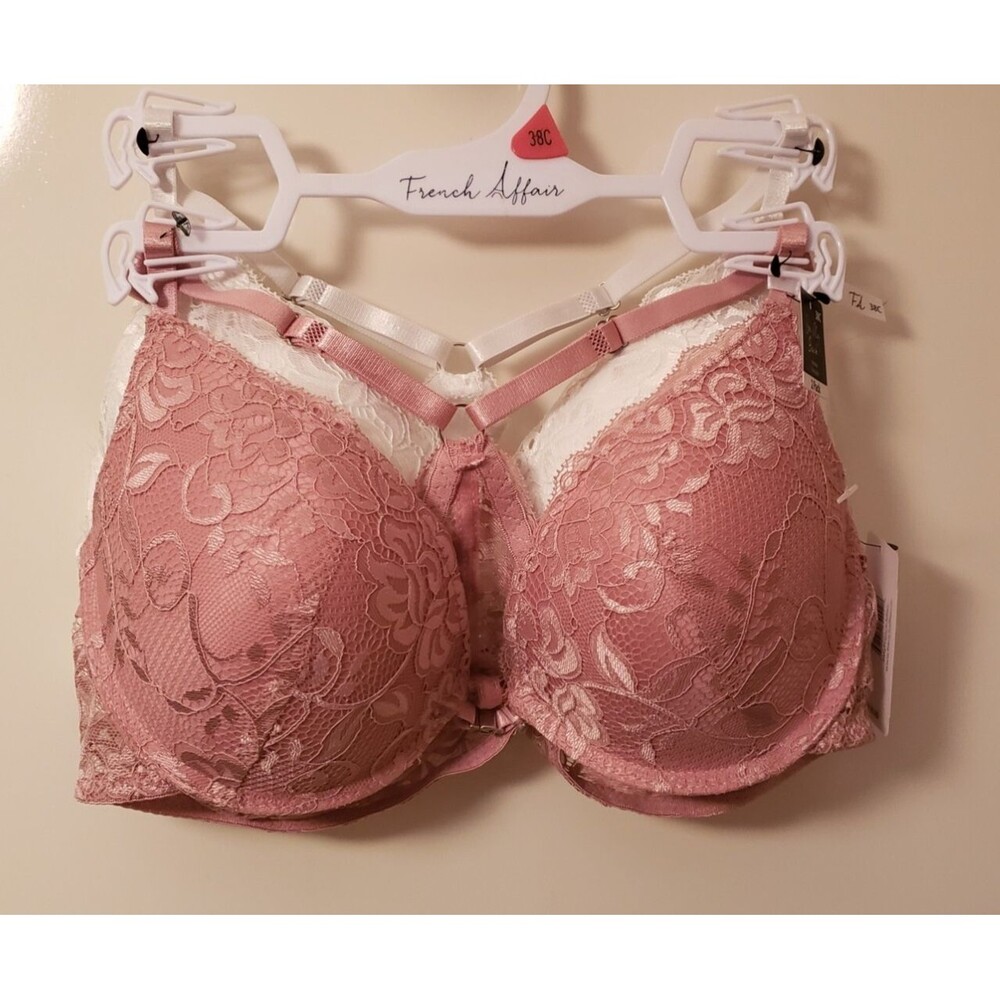 Women’s French Affairs Two-Piece Push Up Lace Bra Set Blush & White 38C NWT